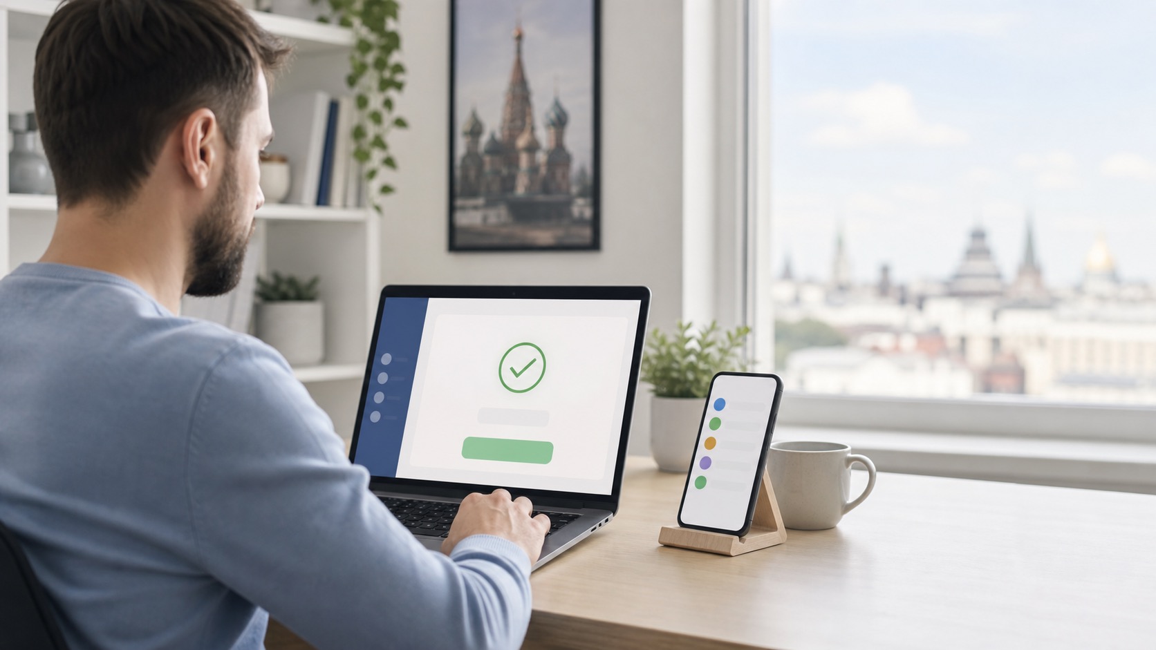 A person reviewing a digital payment confirmation on a laptop beside a smartphone wallet.