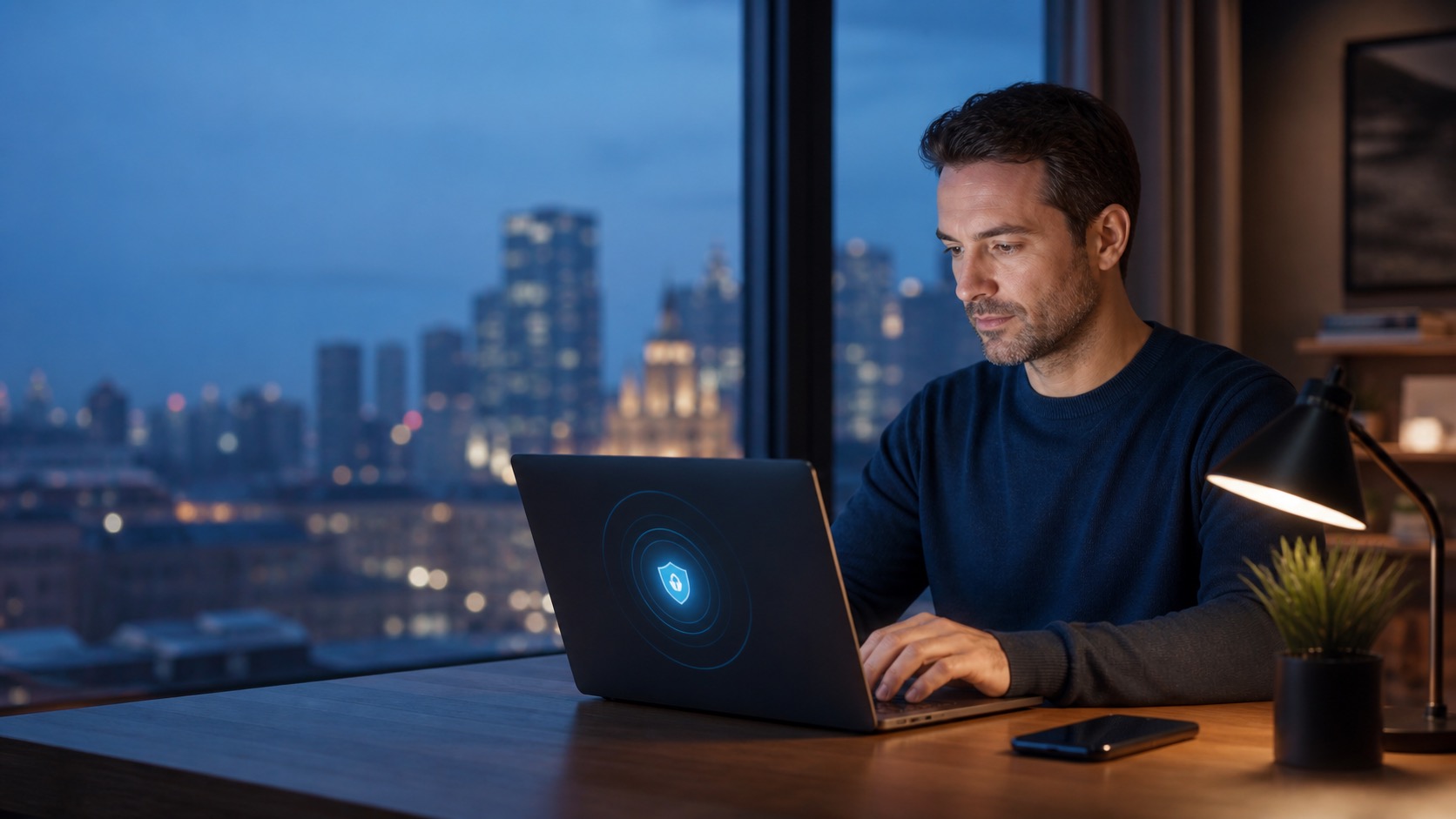 A person using a laptop at home beside a Moscow city view at dusk.