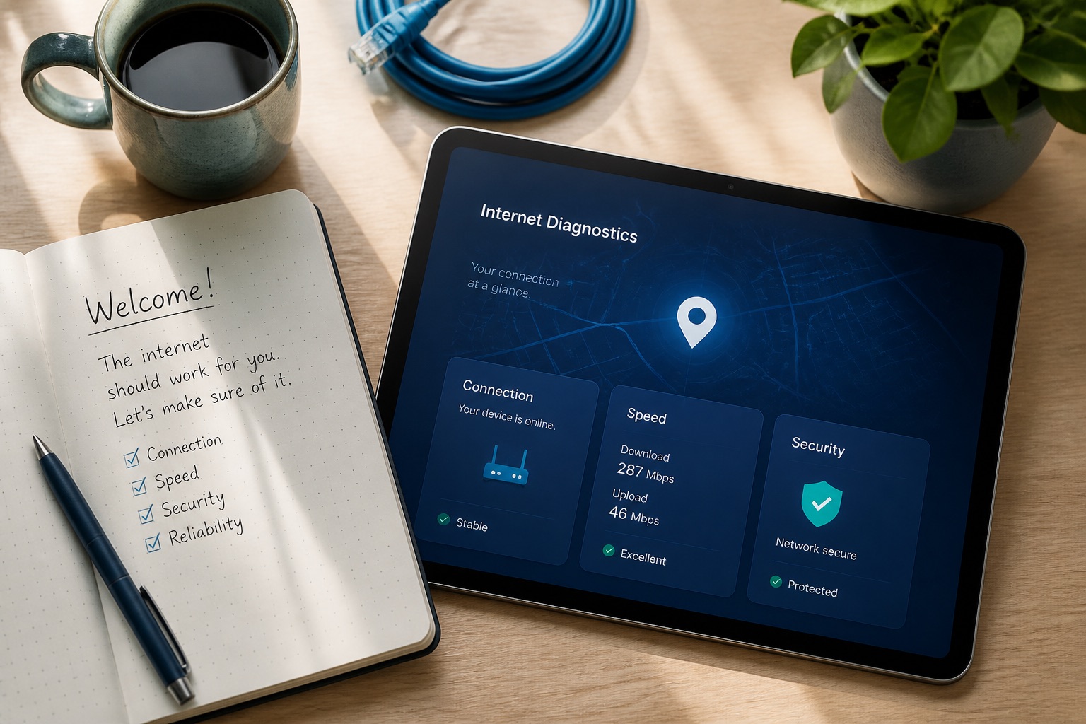 A desk with a tablet showing network diagnostic tools, a notebook, and a coffee cup.