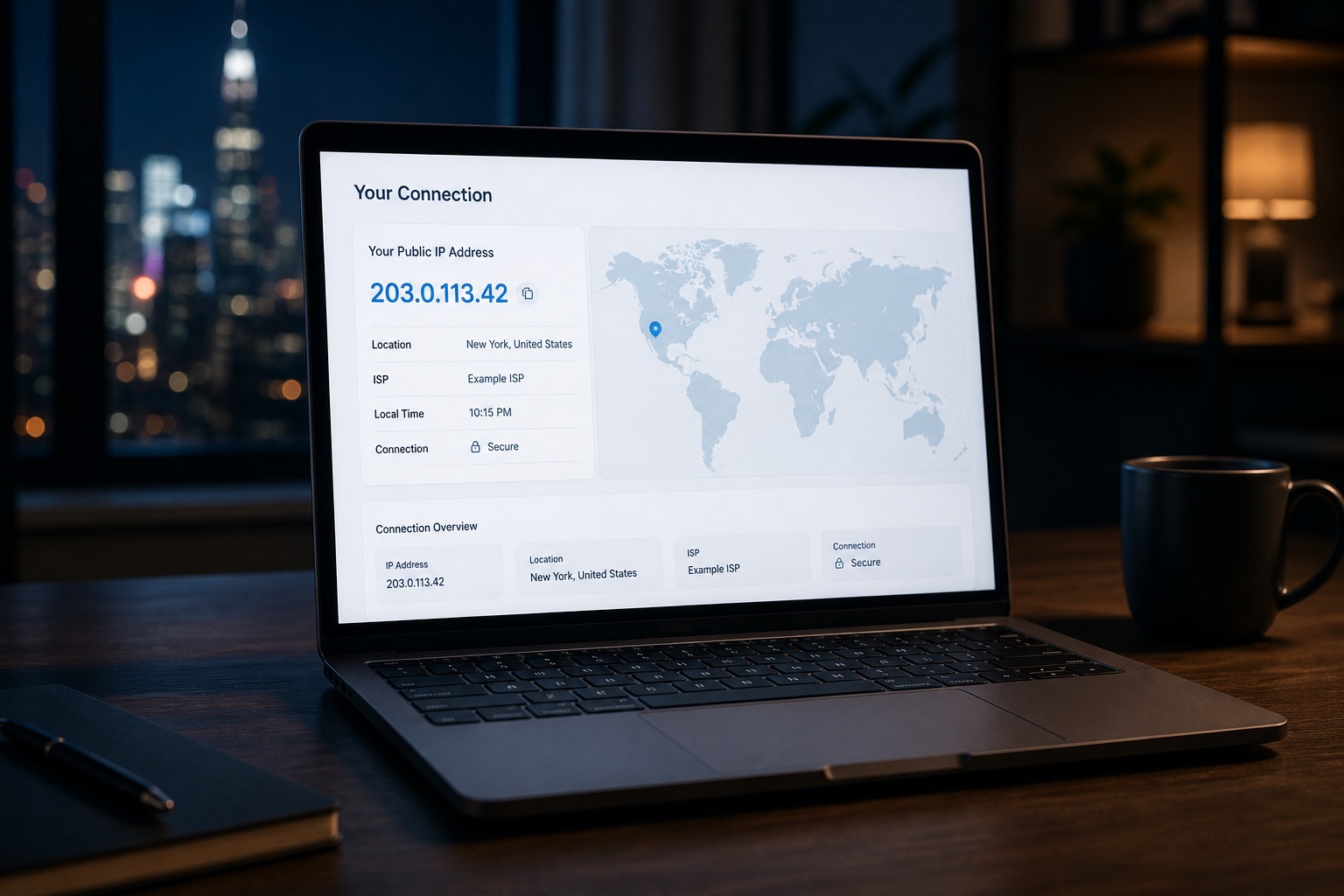 A laptop showing a world map with a public IP address, city, and internet provider.